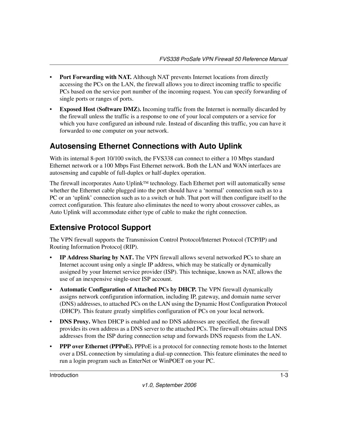 NETGEAR FVS338 manual Autosensing Ethernet Connections with Auto Uplink, Extensive Protocol Support 