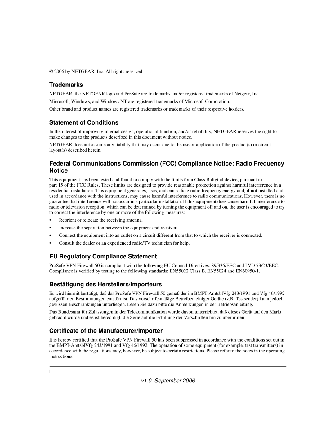 NETGEAR FVS338 manual Trademarks, Statement of Conditions, EU Regulatory Compliance Statement 