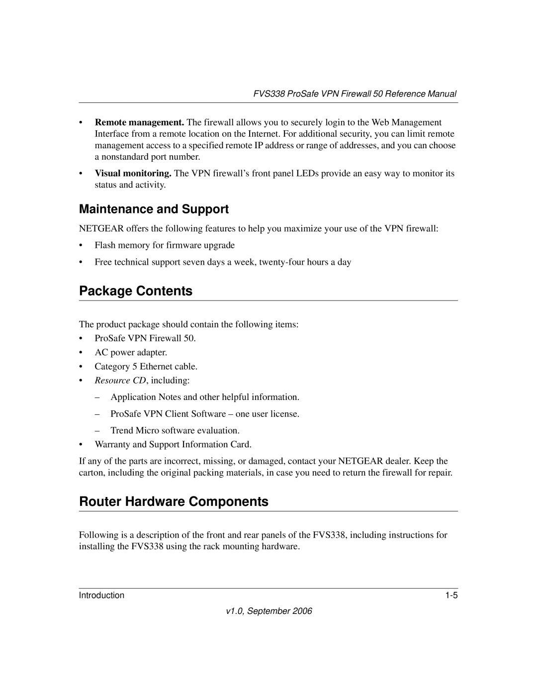 NETGEAR FVS338 manual Package Contents, Router Hardware Components 