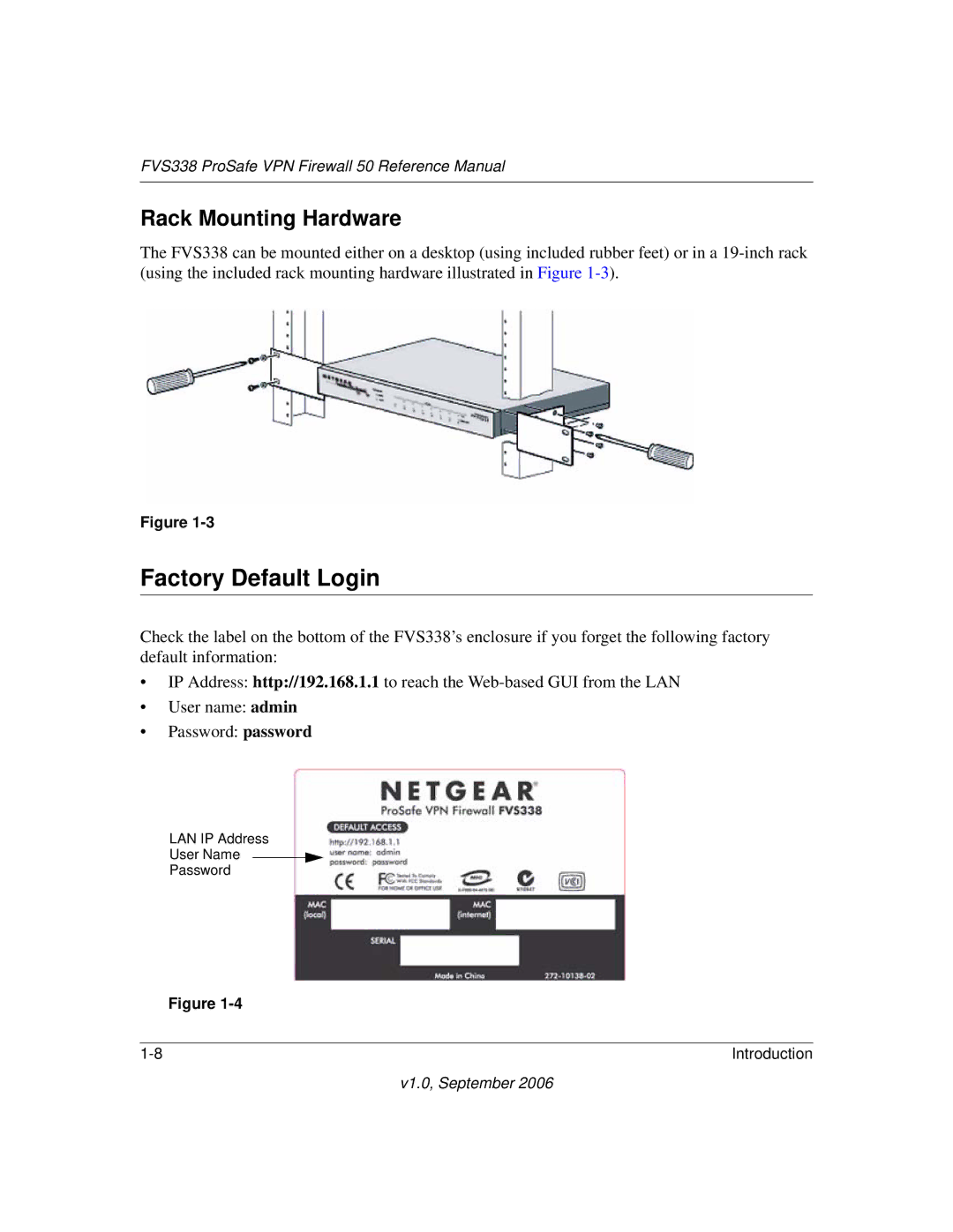 NETGEAR FVS338 manual Factory Default Login, Rack Mounting Hardware 