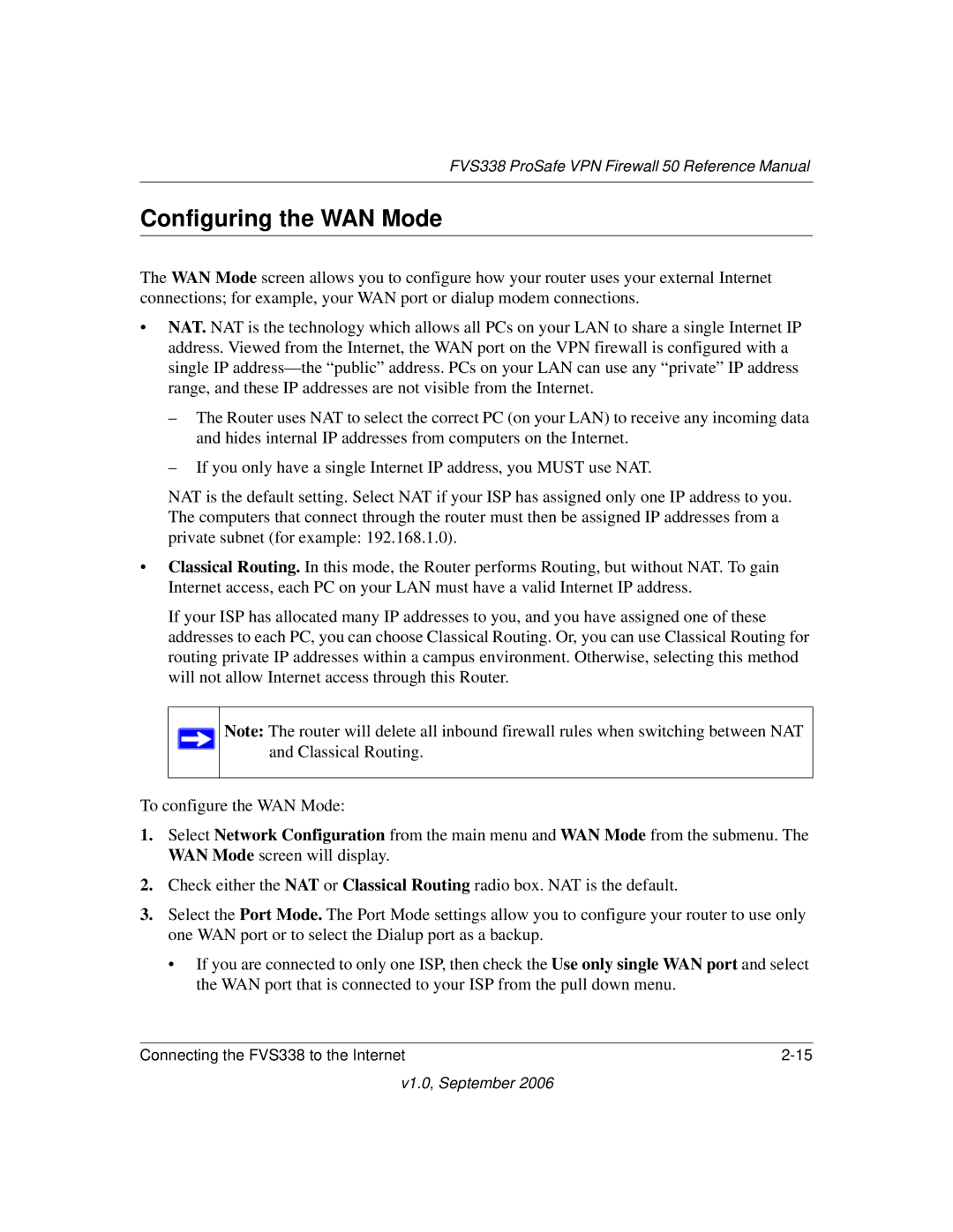 NETGEAR FVS338 manual Configuring the WAN Mode 