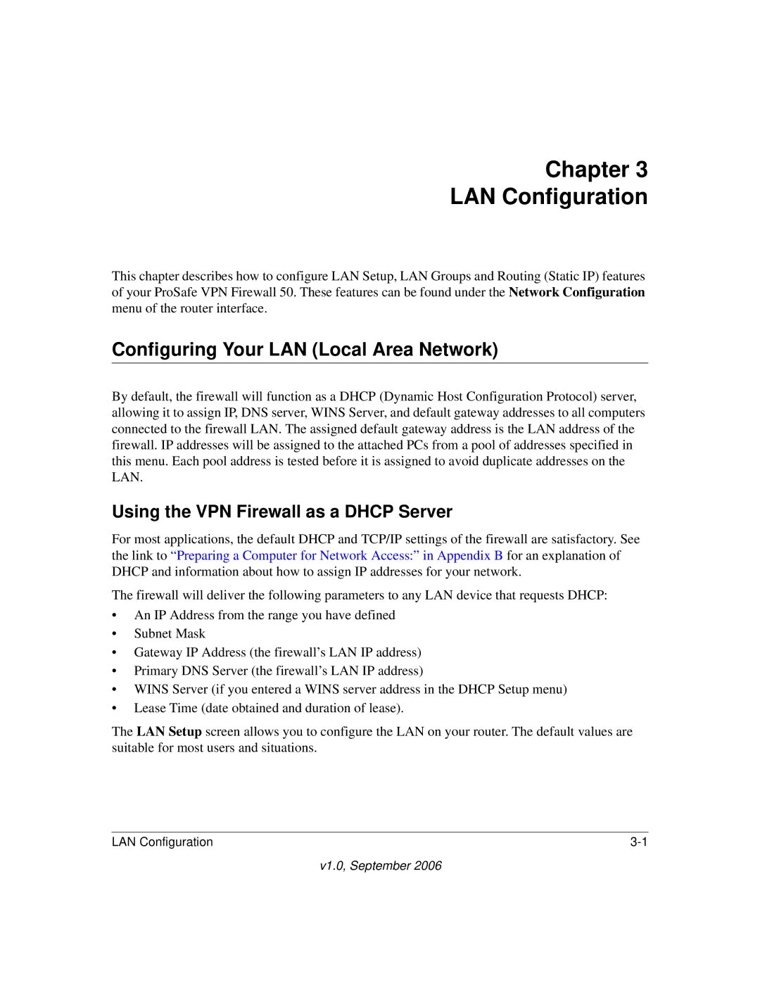 NETGEAR FVS338 manual Configuring Your LAN Local Area Network, Using the VPN Firewall as a Dhcp Server 