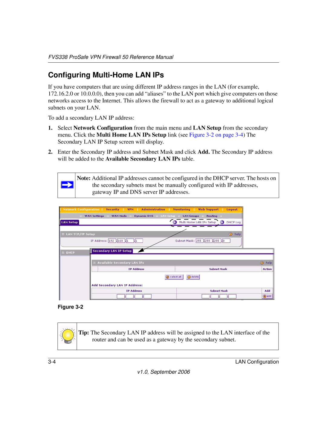 NETGEAR FVS338 manual Configuring Multi-Home LAN IPs 