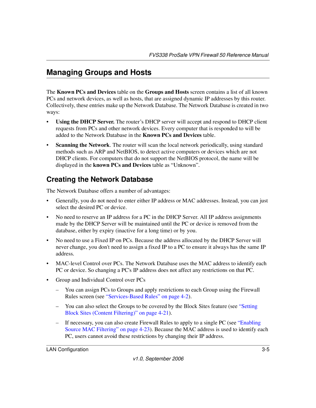 NETGEAR FVS338 manual Managing Groups and Hosts, Creating the Network Database 