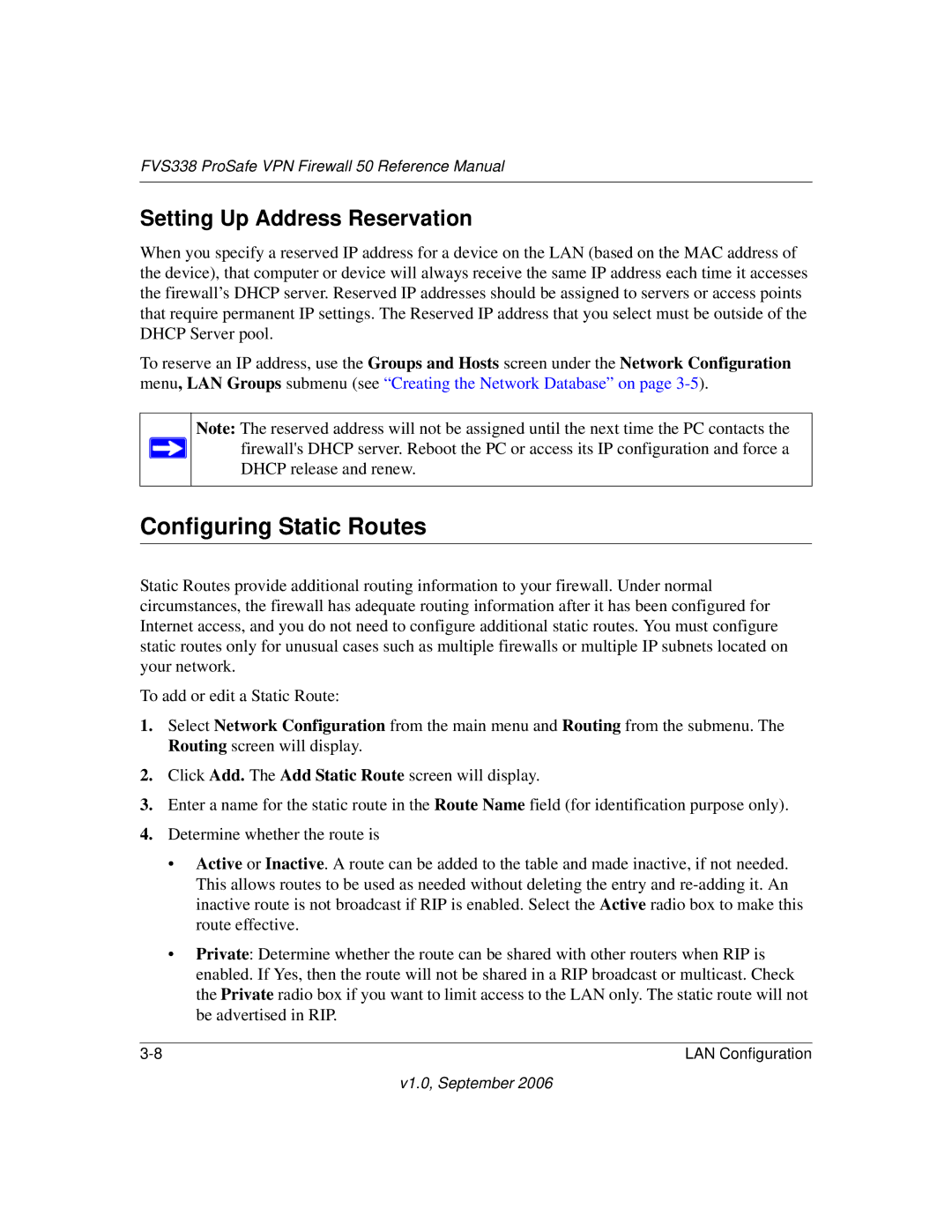 NETGEAR FVS338 manual Configuring Static Routes, Setting Up Address Reservation 