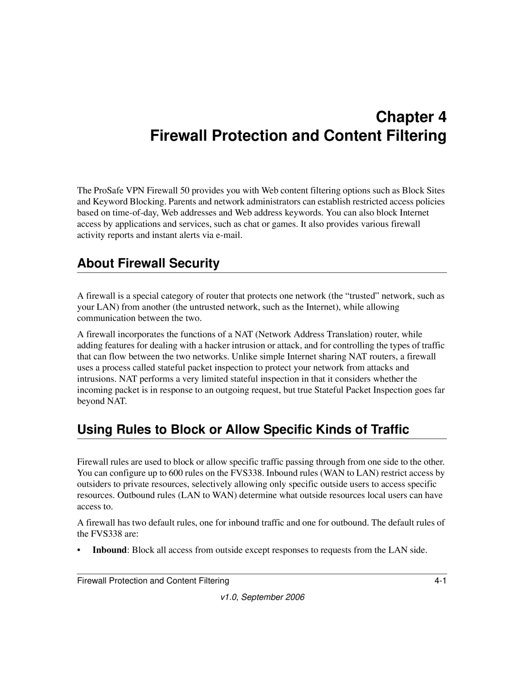 NETGEAR FVS338 manual About Firewall Security, Using Rules to Block or Allow Specific Kinds of Traffic 