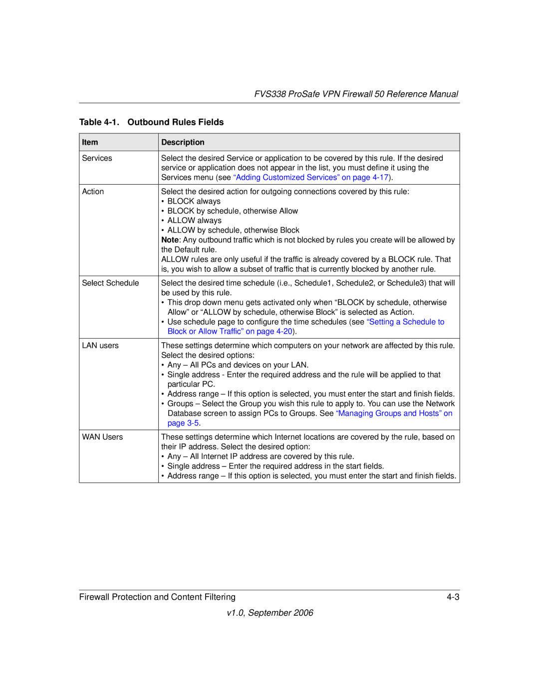 NETGEAR FVS338 manual Outbound Rules Fields, Services menu see Adding Customized Services on 