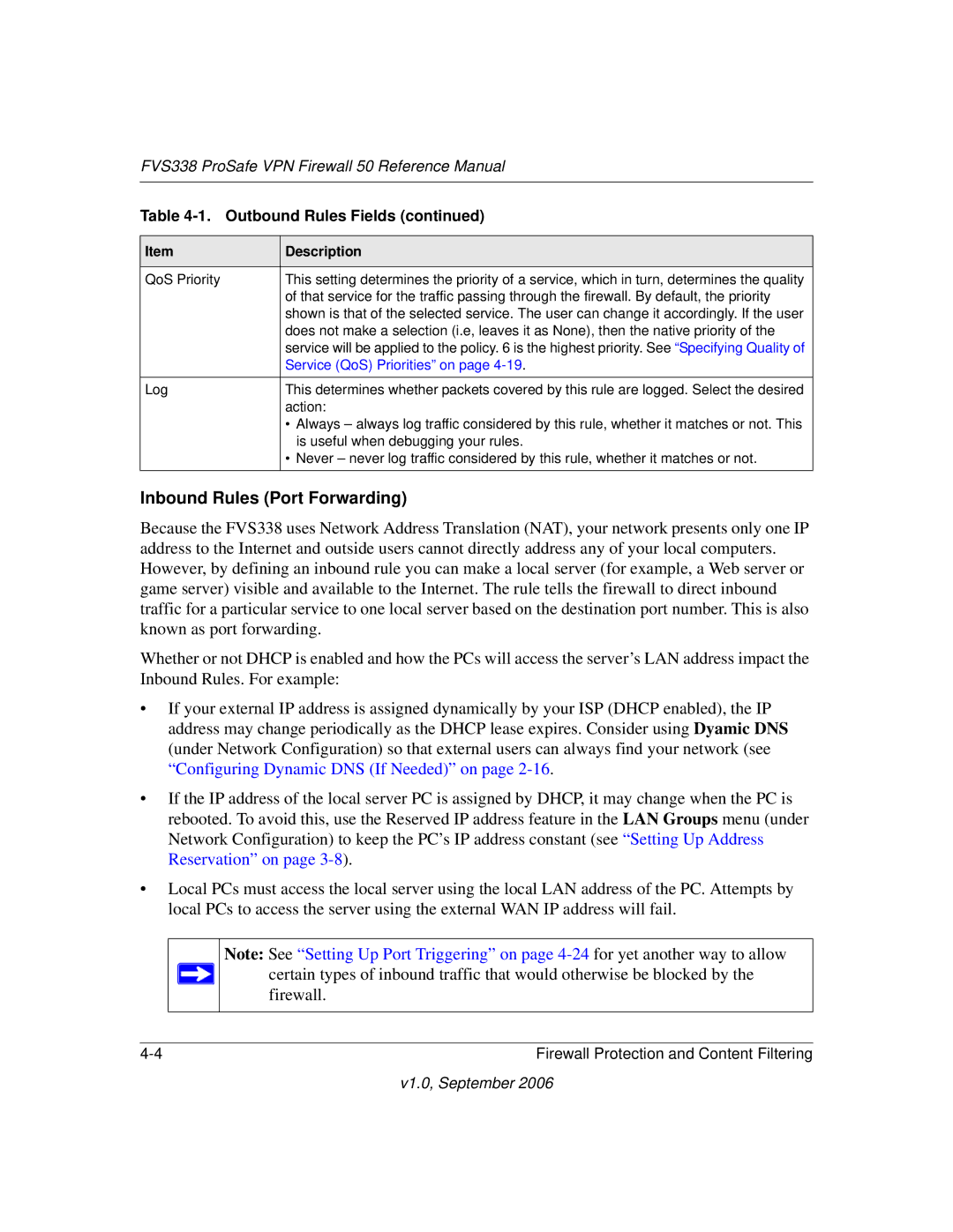 NETGEAR FVS338 manual Inbound Rules Port Forwarding, Service QoS Priorities on 