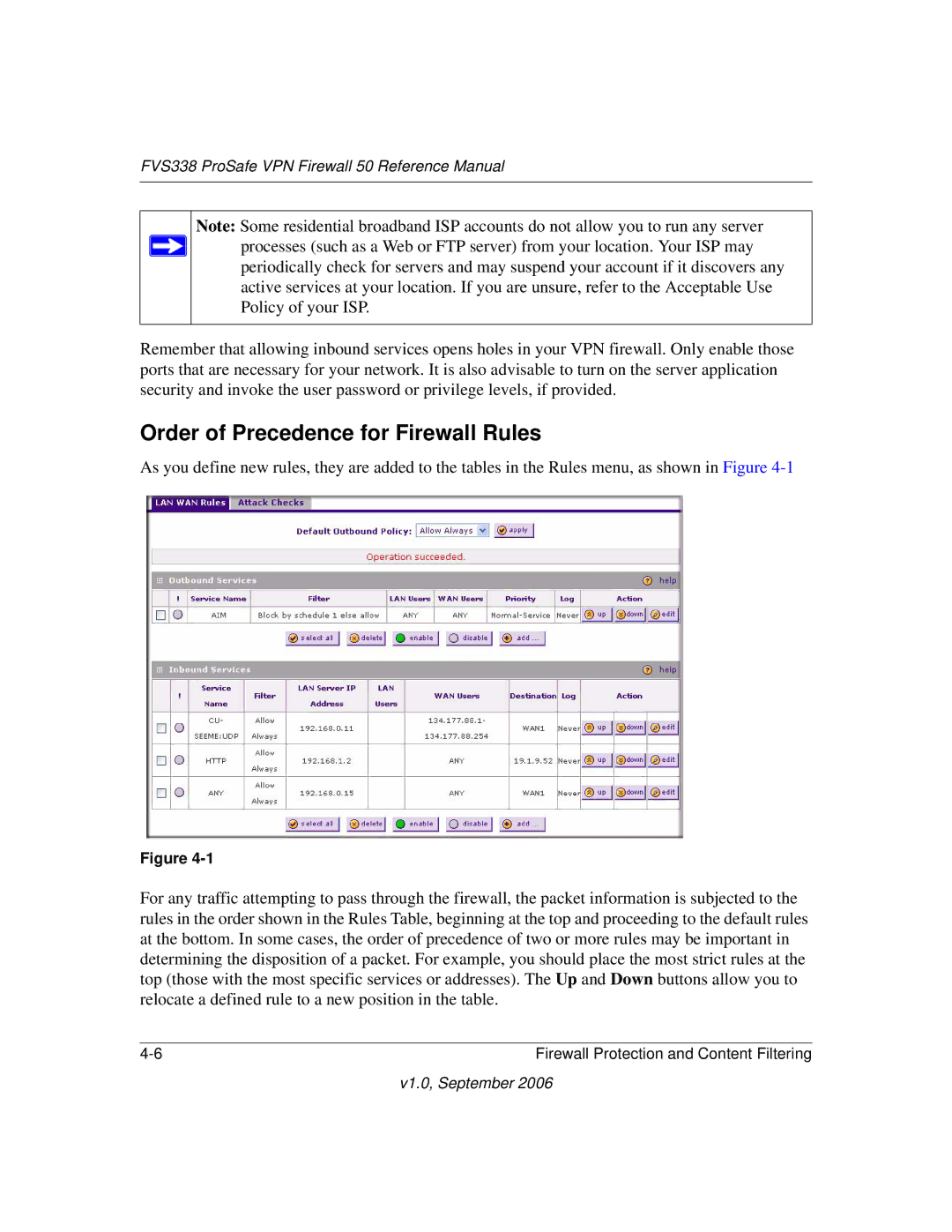 NETGEAR FVS338 manual Order of Precedence for Firewall Rules 