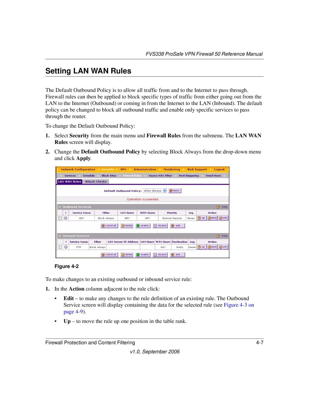 NETGEAR FVS338 manual Setting LAN WAN Rules 