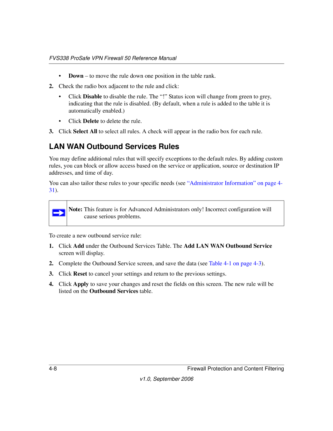 NETGEAR FVS338 manual LAN WAN Outbound Services Rules 