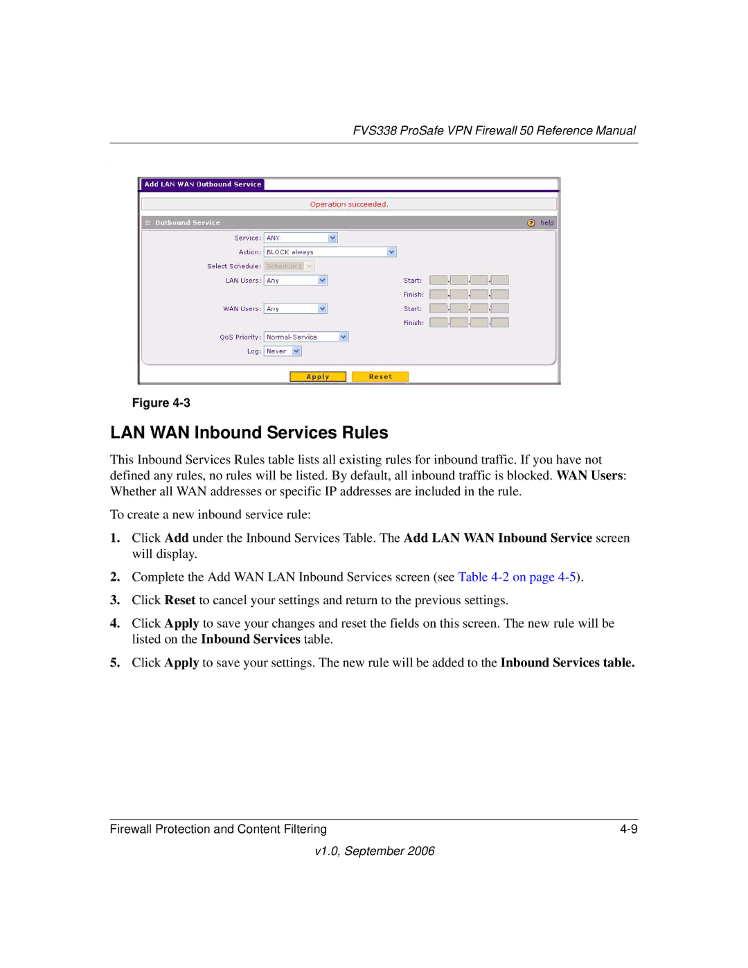 NETGEAR FVS338 manual LAN WAN Inbound Services Rules 