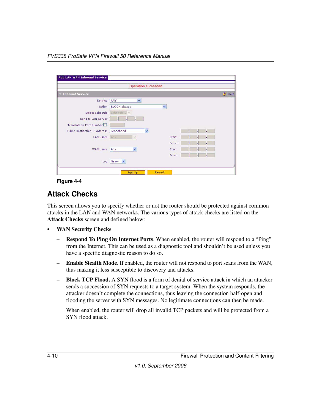 NETGEAR FVS338 manual Attack Checks, WAN Security Checks 