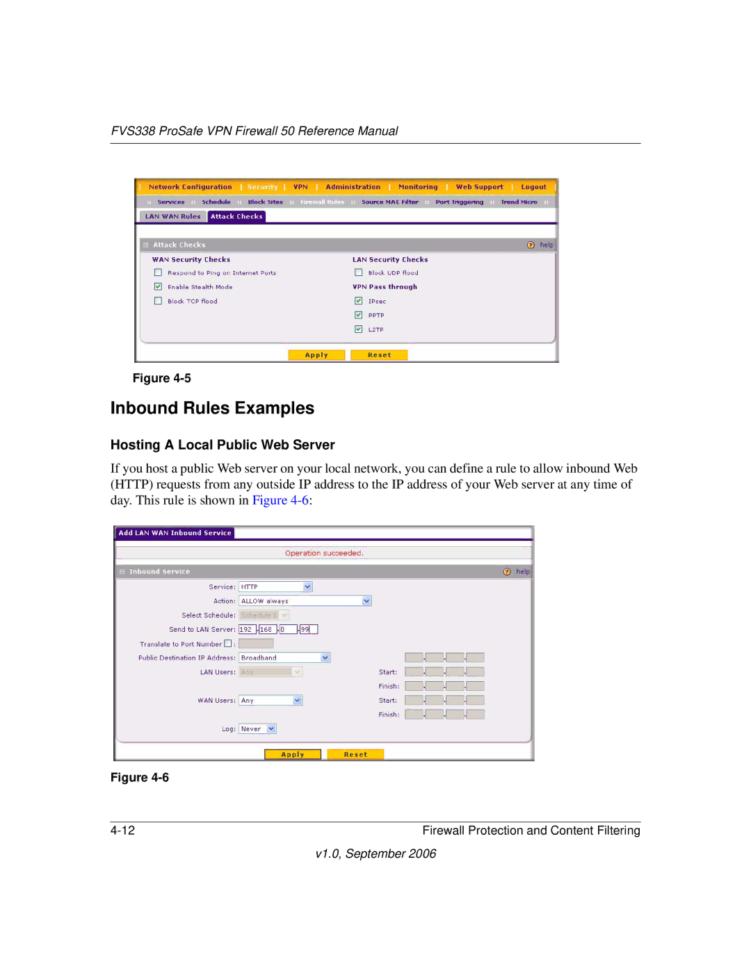 NETGEAR FVS338 manual Inbound Rules Examples, Hosting a Local Public Web Server 