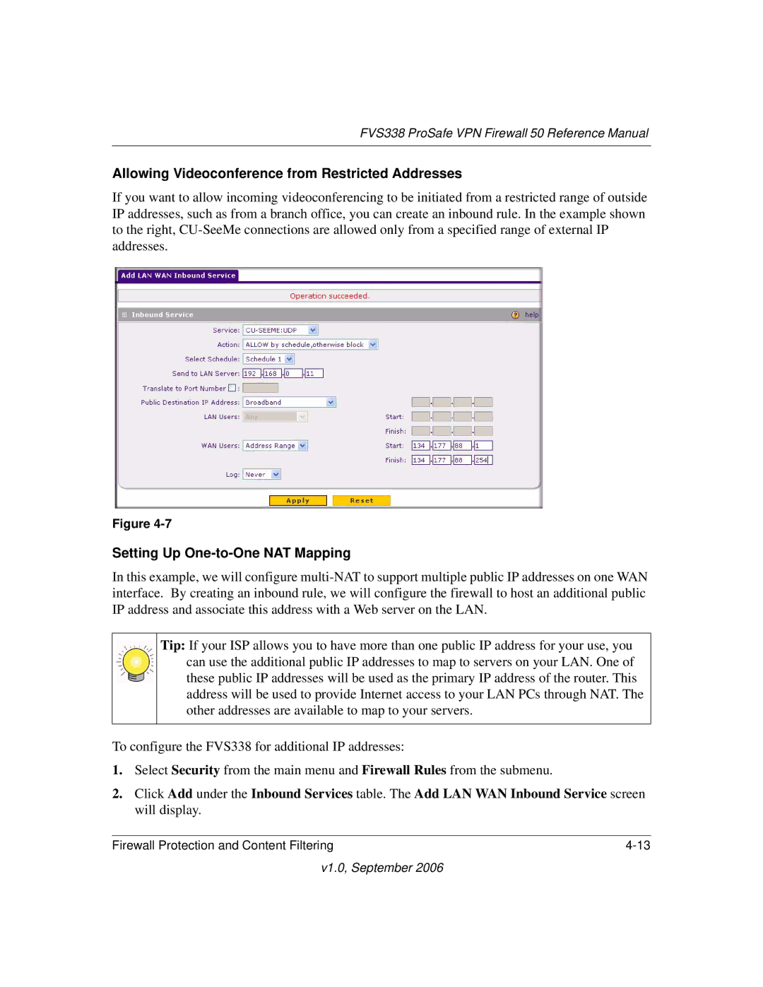 NETGEAR FVS338 manual Allowing Videoconference from Restricted Addresses, Setting Up One-to-One NAT Mapping 