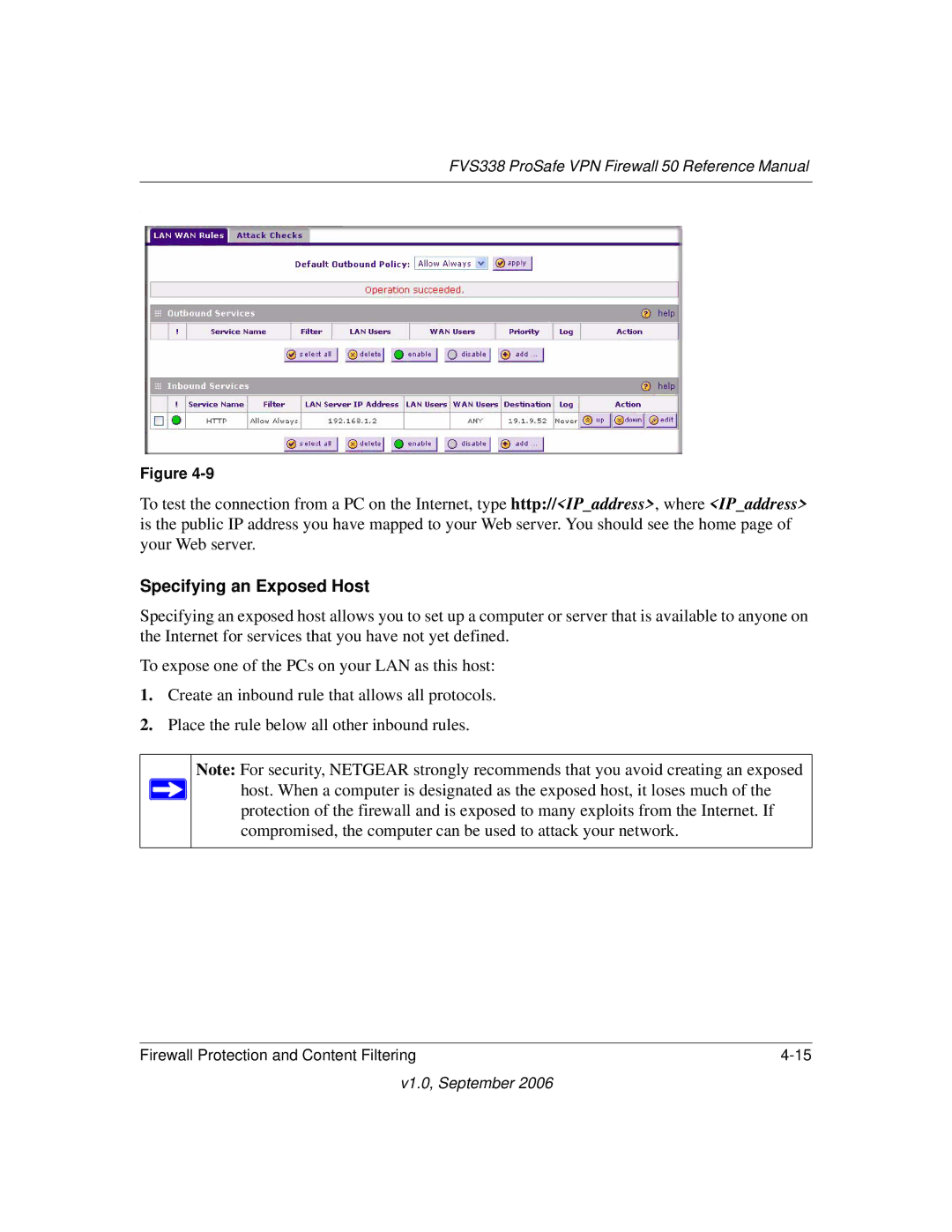 NETGEAR FVS338 manual Specifying an Exposed Host 