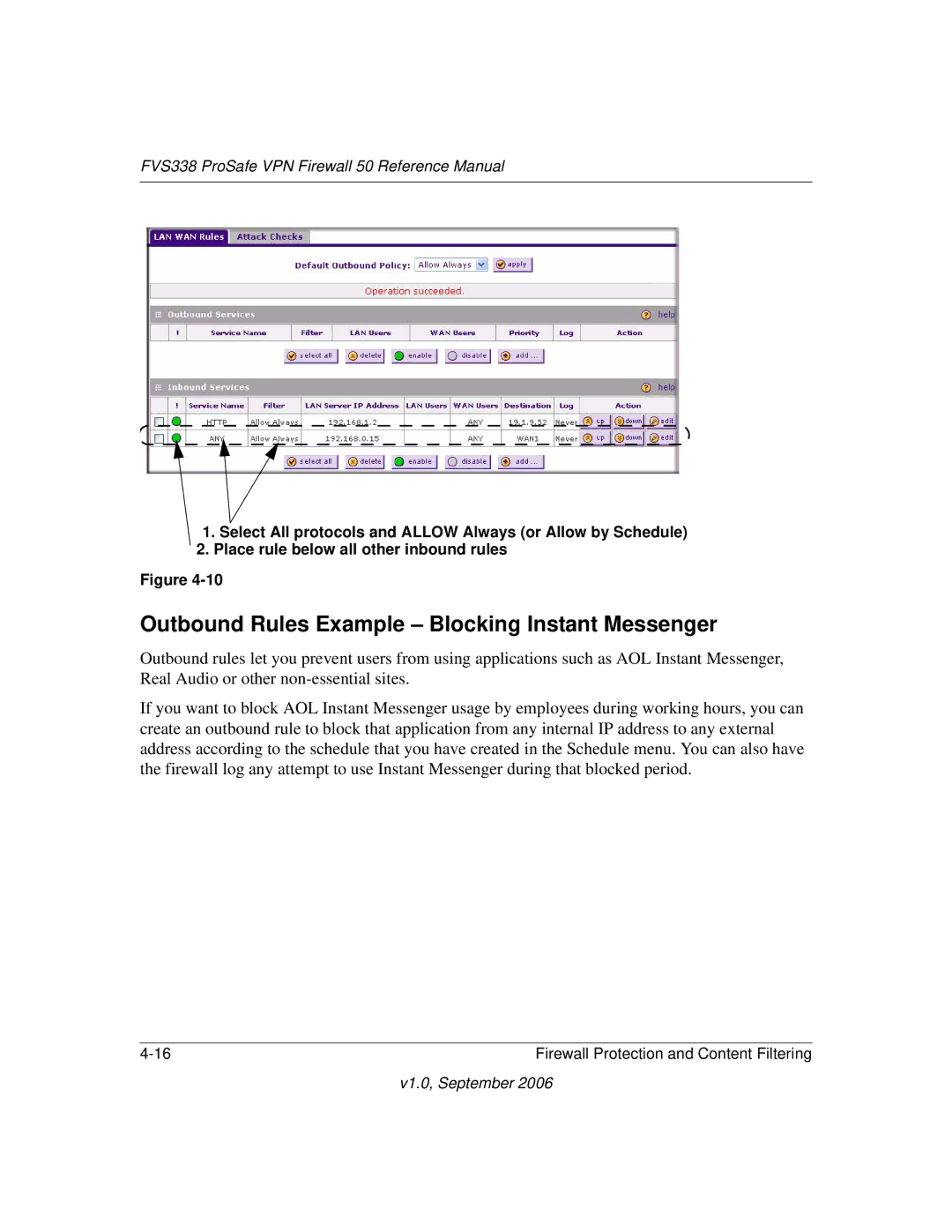 NETGEAR FVS338 manual Outbound Rules Example Blocking Instant Messenger 