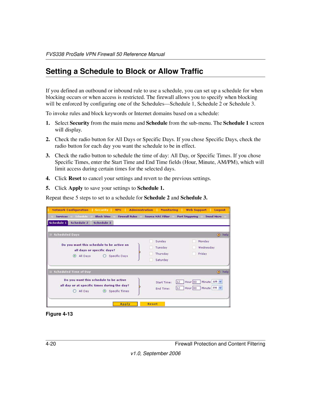 NETGEAR FVS338 manual Setting a Schedule to Block or Allow Traffic 