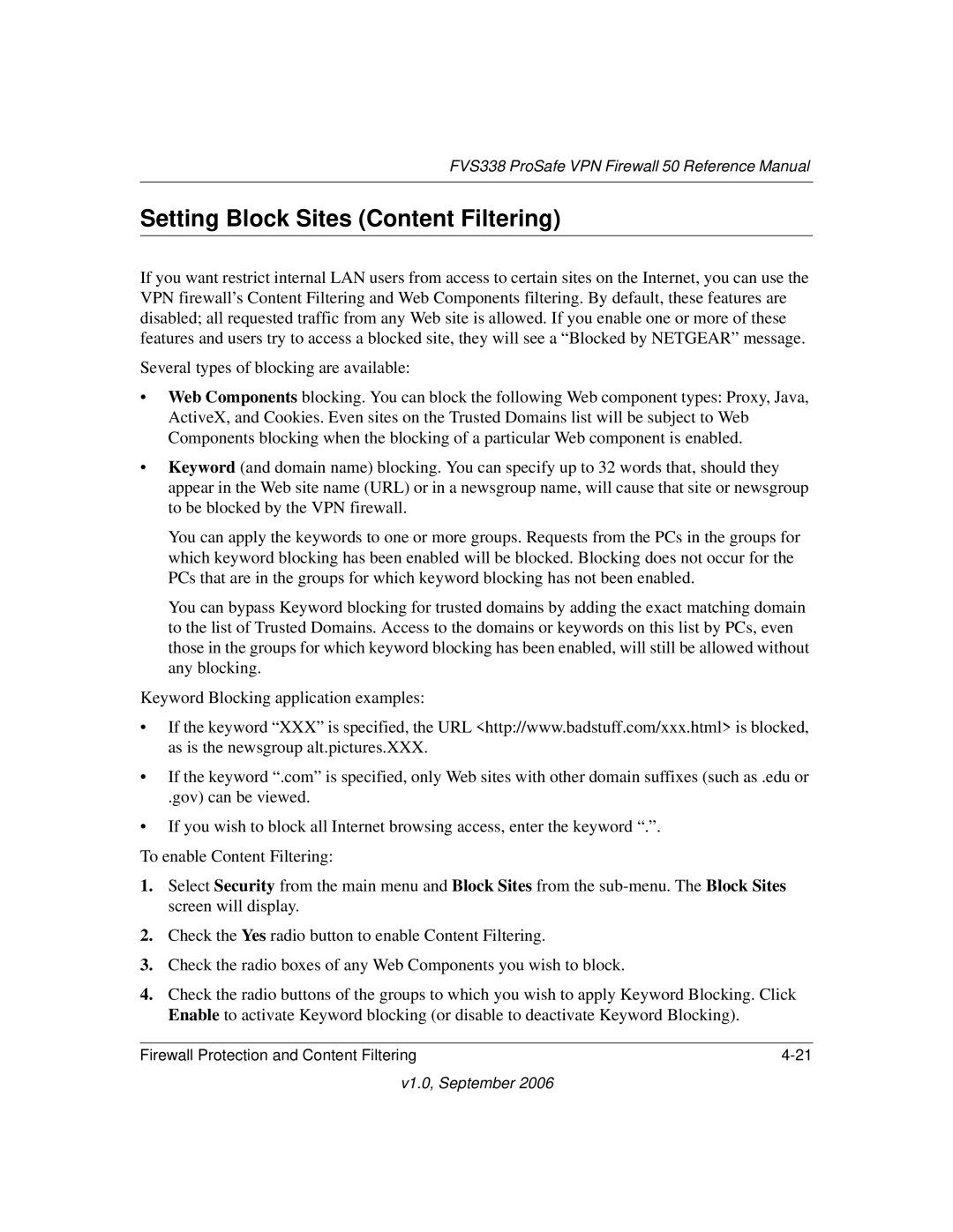 NETGEAR FVS338 manual Setting Block Sites Content Filtering 