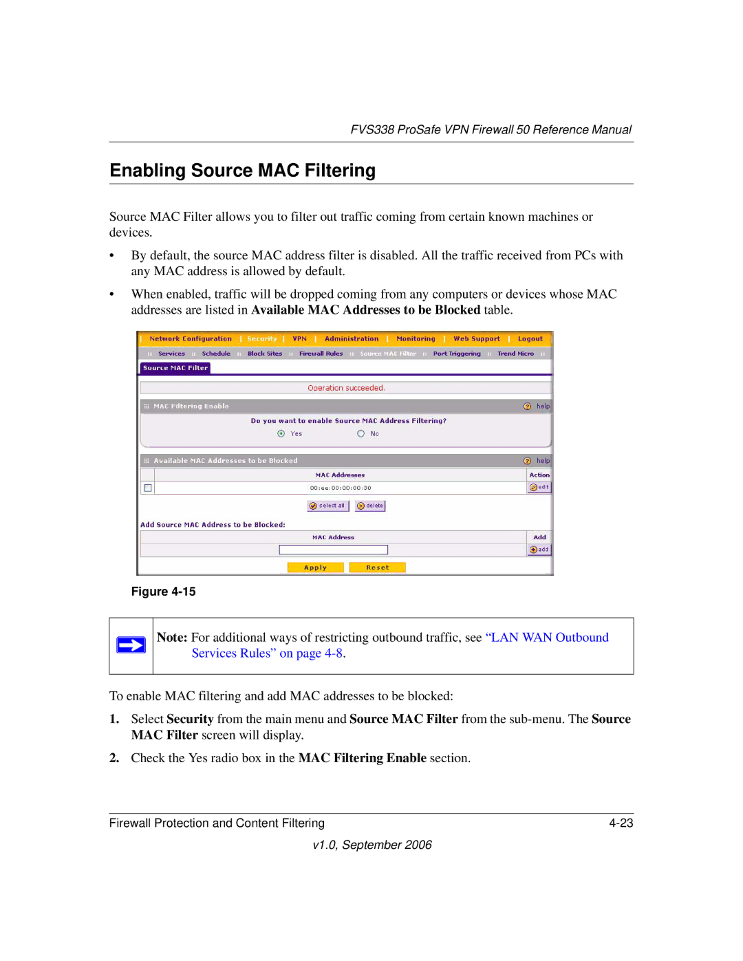 NETGEAR FVS338 manual Enabling Source MAC Filtering 