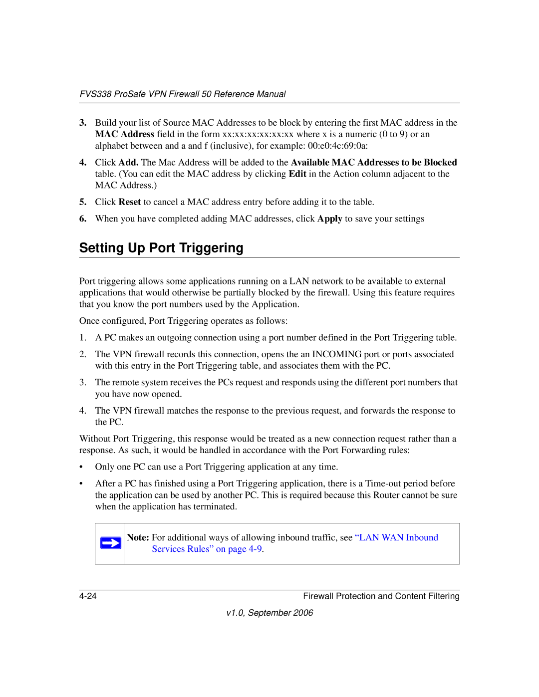 NETGEAR FVS338 manual Setting Up Port Triggering 