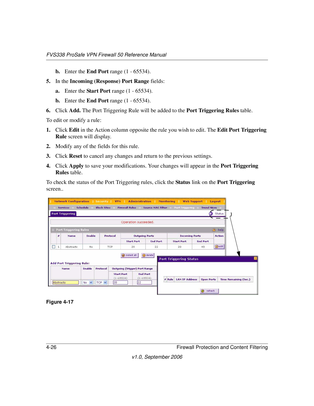 NETGEAR FVS338 manual Incoming Response Port Range fields 