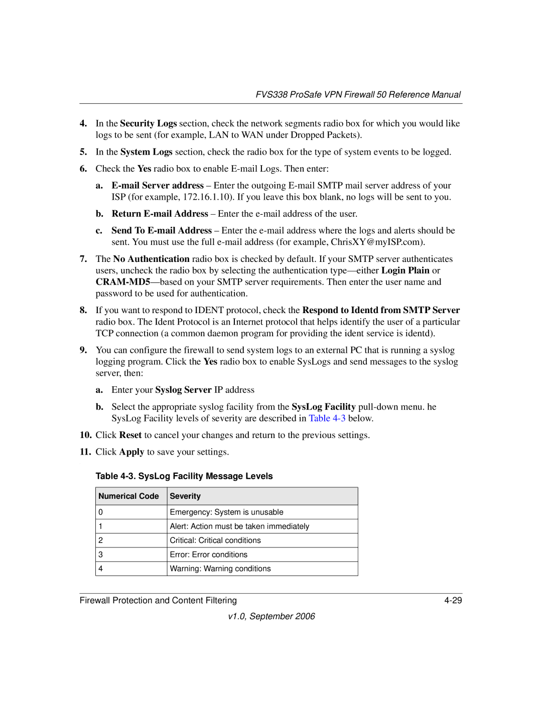 NETGEAR FVS338 manual SysLog Facility Message Levels, Numerical Code Severity 