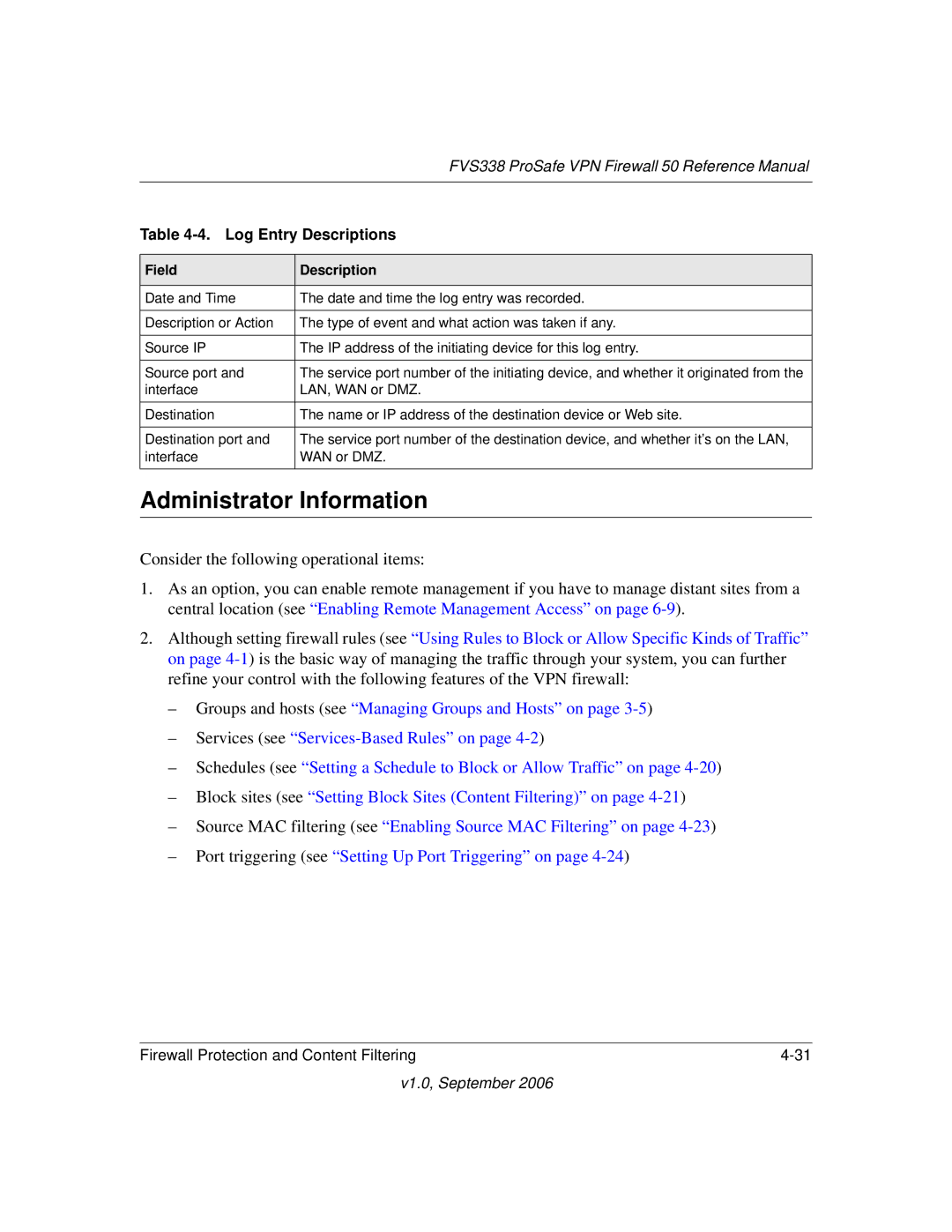 NETGEAR FVS338 manual Administrator Information, Log Entry Descriptions 