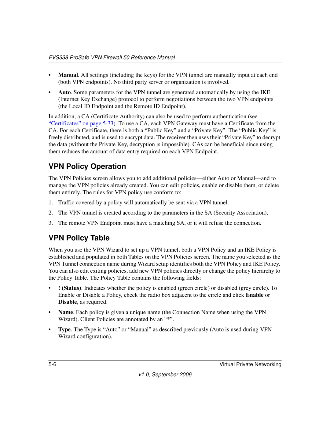 NETGEAR FVS338 manual VPN Policy Operation, VPN Policy Table 