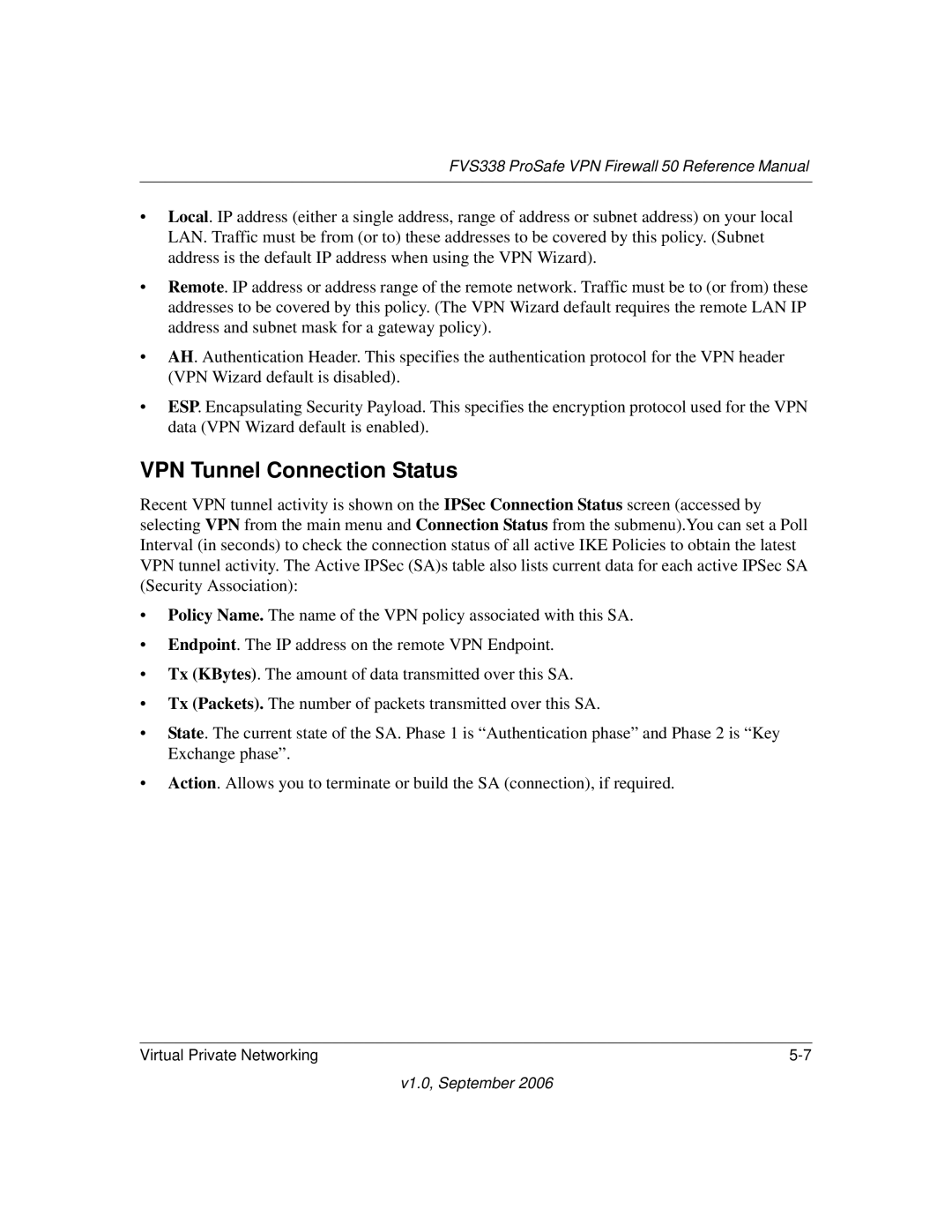 NETGEAR FVS338 manual VPN Tunnel Connection Status 