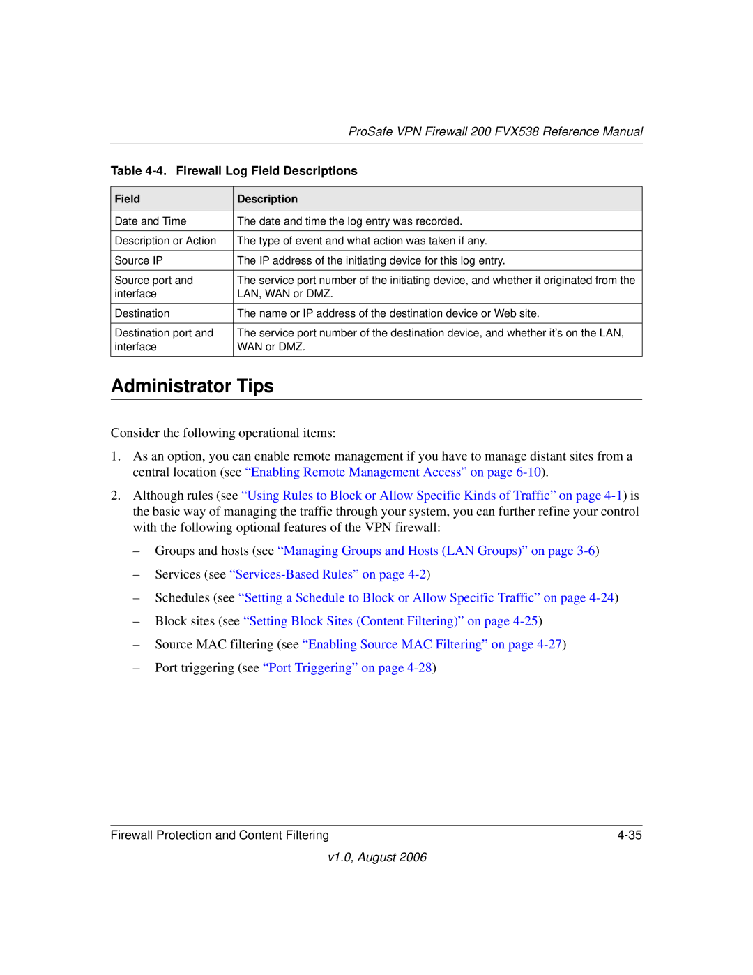 NETGEAR FVX538NA manual Administrator Tips, Firewall Log Field Descriptions 