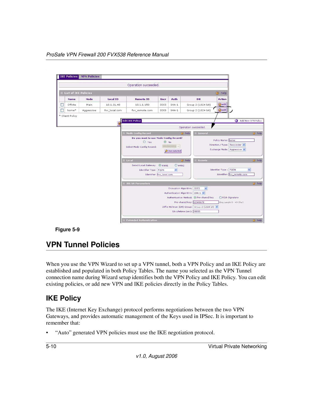 NETGEAR FVX538NA manual VPN Tunnel Policies, IKE Policy 