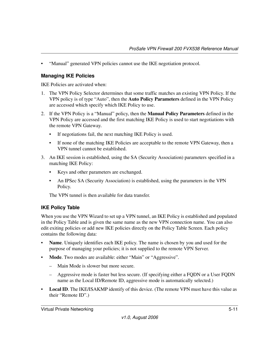 NETGEAR FVX538NA manual Managing IKE Policies, IKE Policy Table 