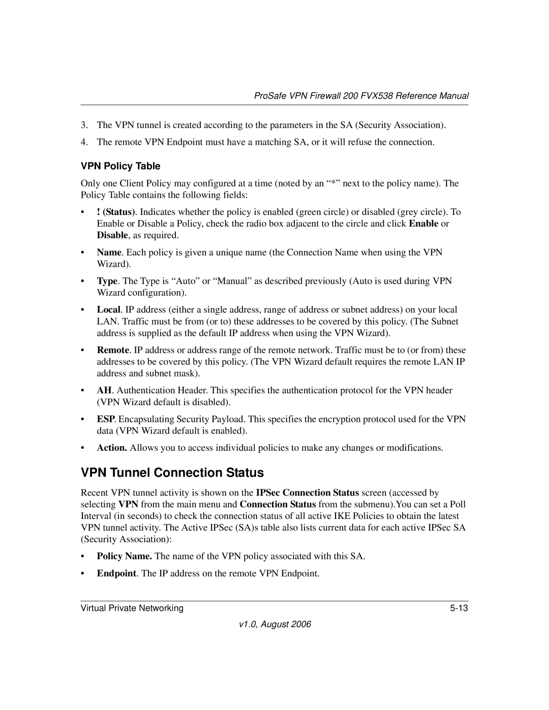 NETGEAR FVX538NA manual VPN Tunnel Connection Status, VPN Policy Table 