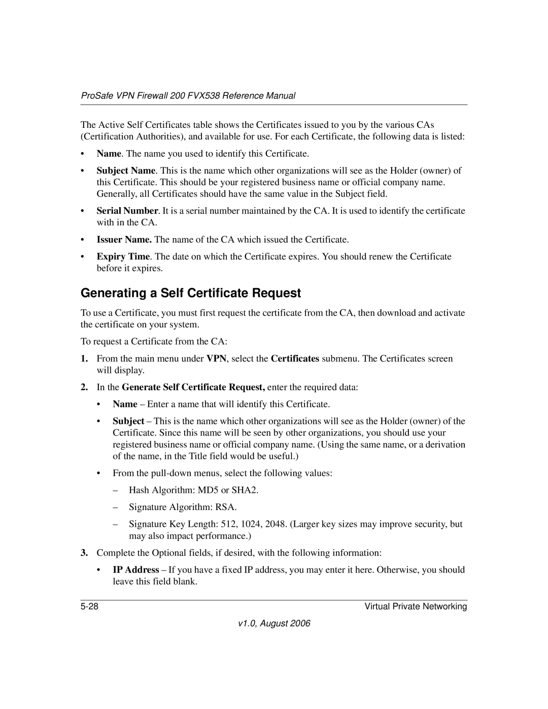 NETGEAR FVX538NA Generating a Self Certificate Request, Generate Self Certificate Request, enter the required data 