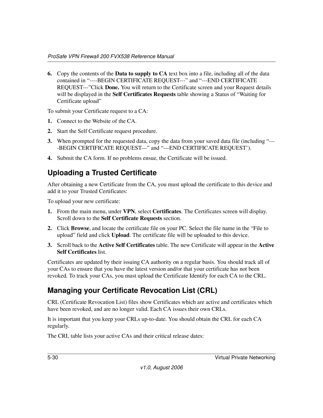 NETGEAR FVX538NA manual Uploading a Trusted Certificate, Managing your Certificate Revocation List CRL 