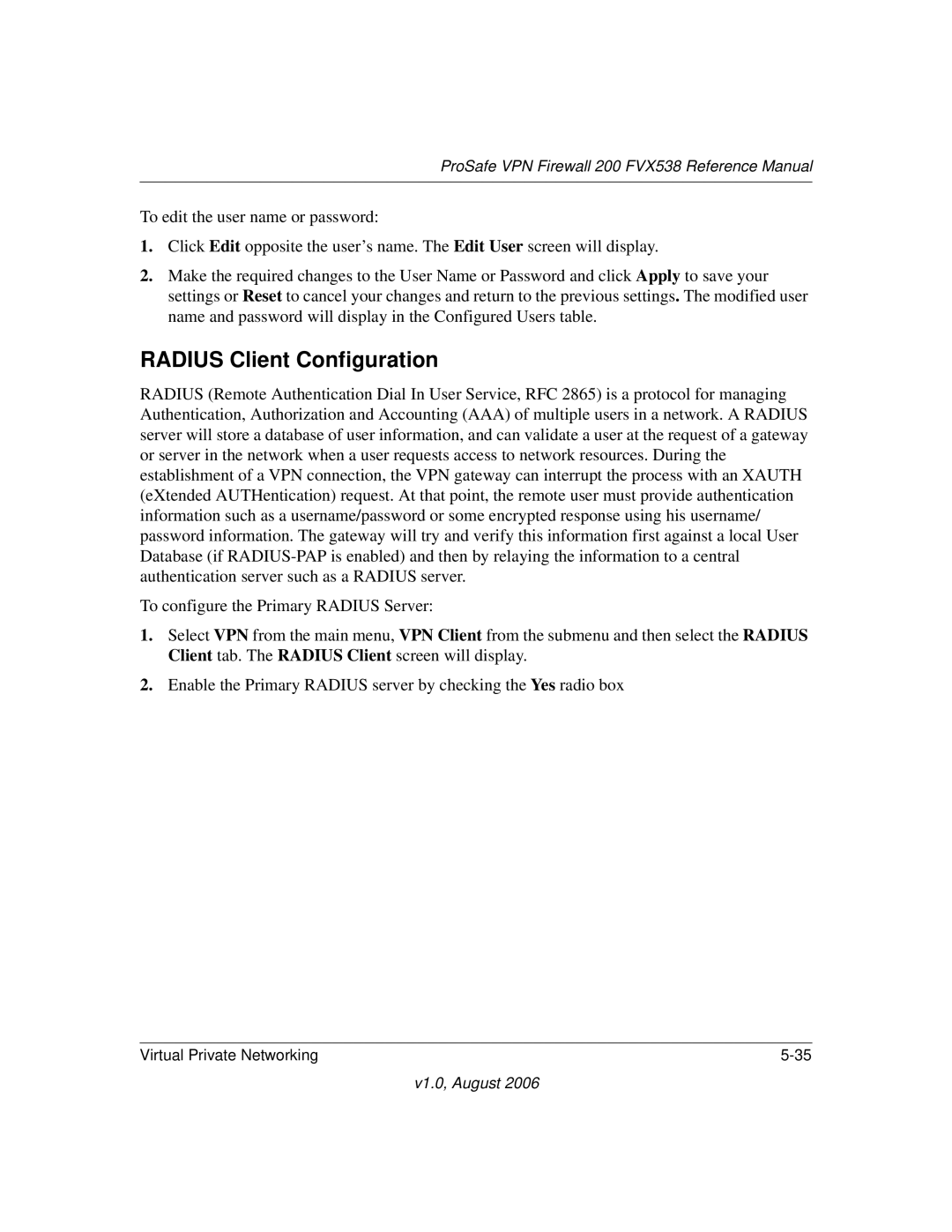 NETGEAR FVX538NA manual Radius Client Configuration 