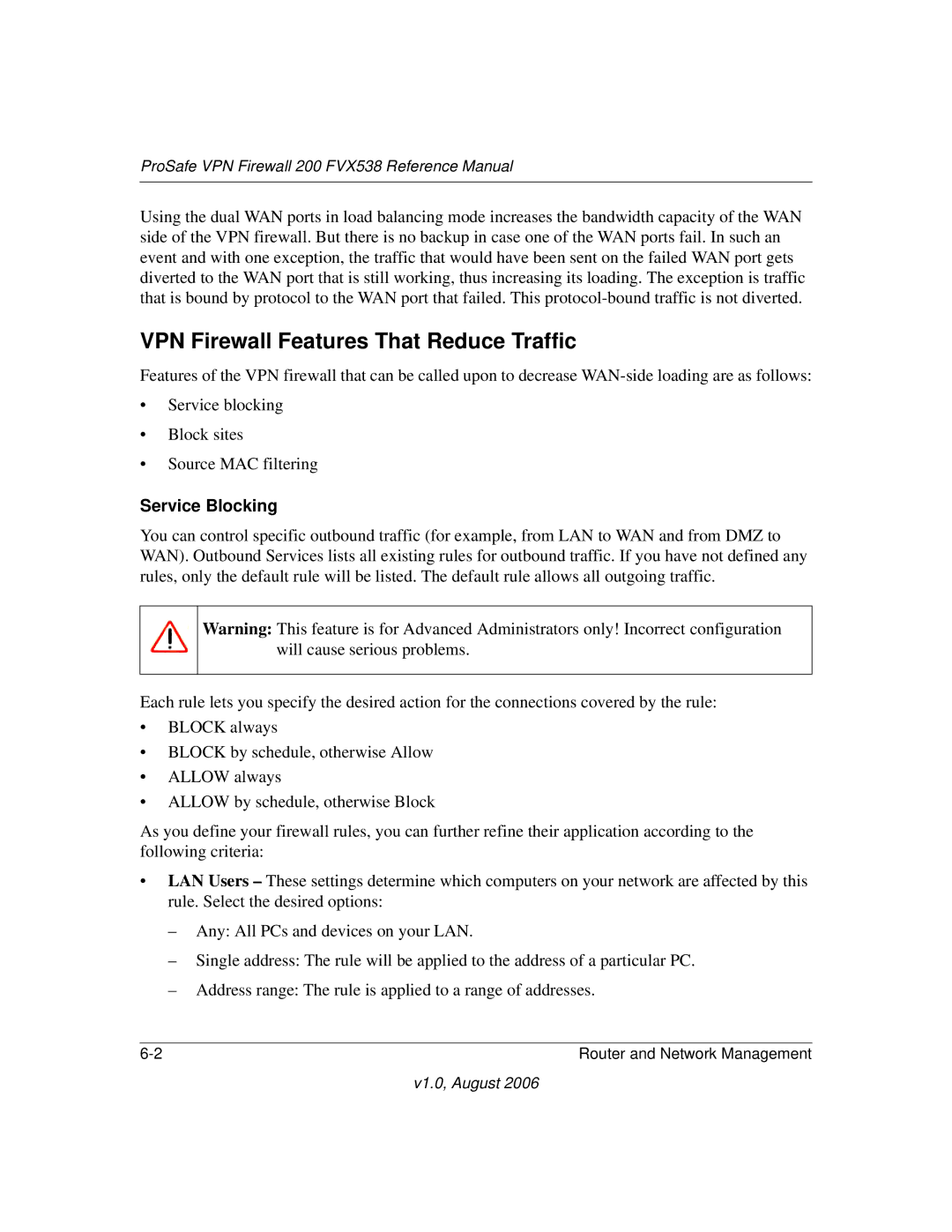 NETGEAR FVX538NA manual VPN Firewall Features That Reduce Traffic, Service Blocking 