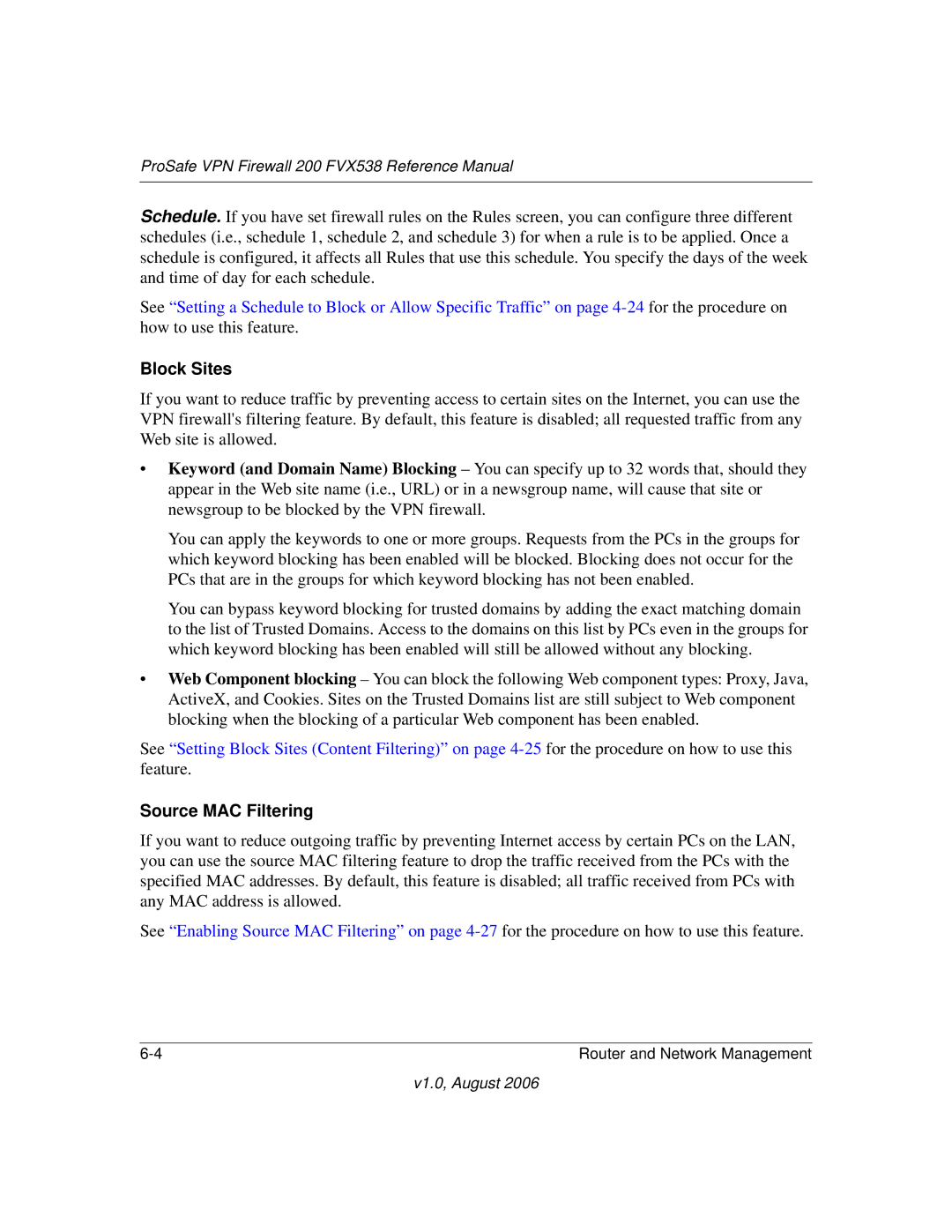 NETGEAR FVX538NA manual Block Sites, Source MAC Filtering 