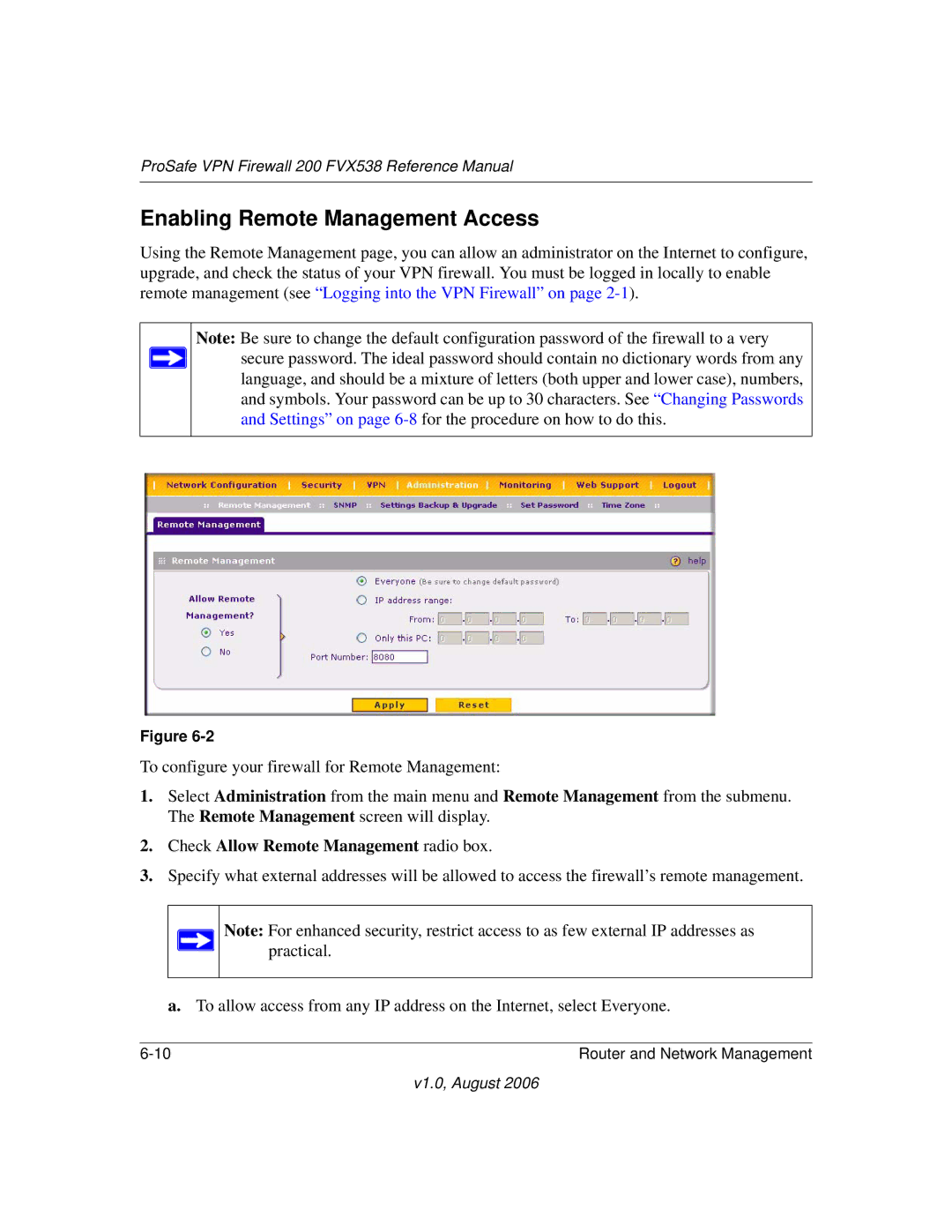 NETGEAR FVX538NA manual Enabling Remote Management Access, Check Allow Remote Management radio box 