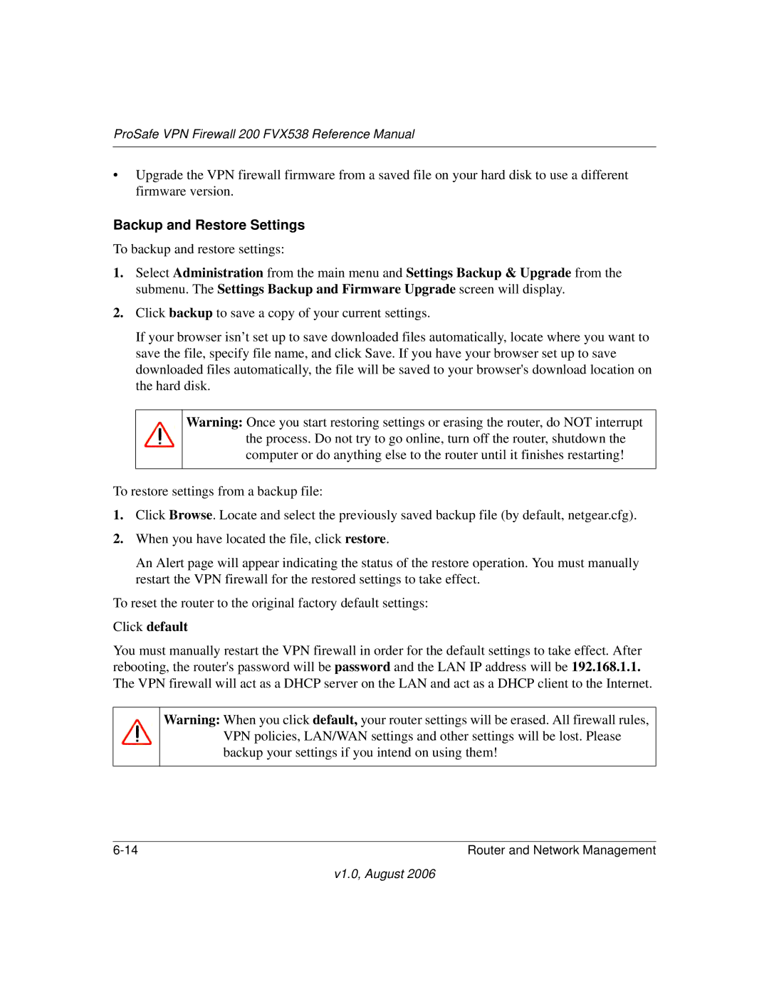 NETGEAR FVX538NA manual Backup and Restore Settings, Click default 