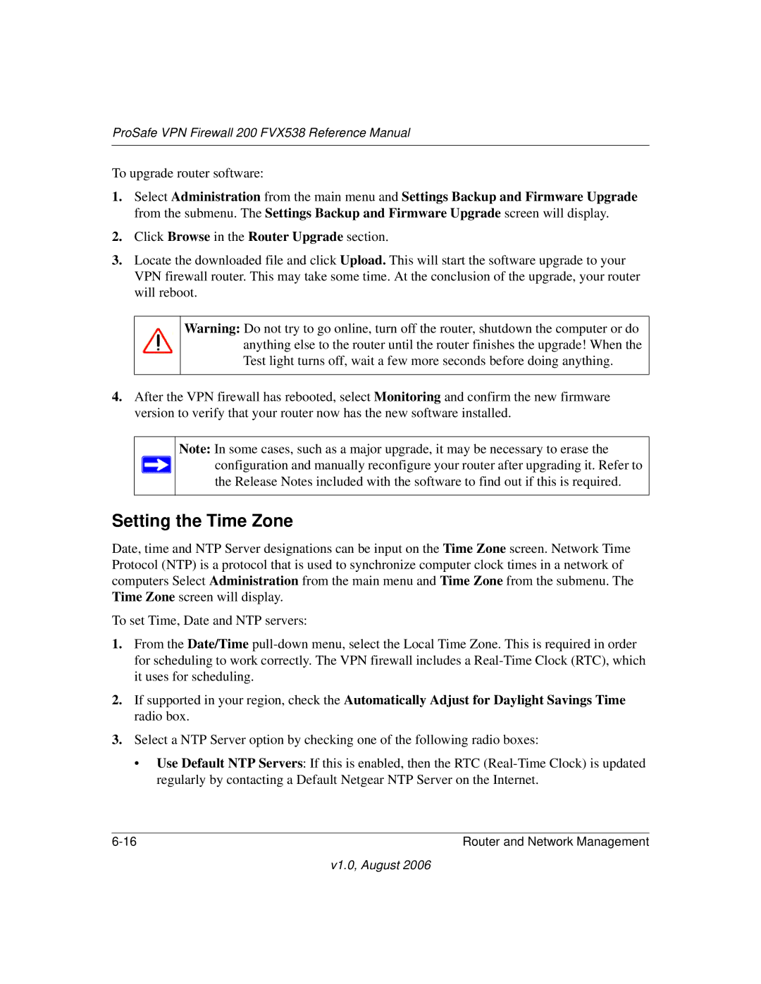 NETGEAR FVX538NA manual Setting the Time Zone, To upgrade router software 