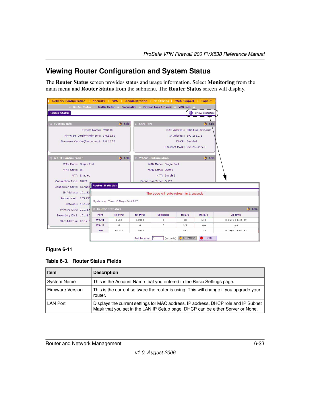 NETGEAR FVX538NA manual Viewing Router Configuration and System Status, Router Status Fields 