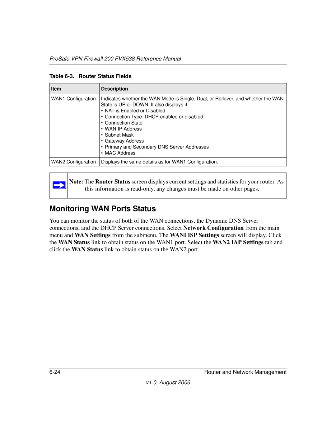 NETGEAR FVX538NA manual Monitoring WAN Ports Status 