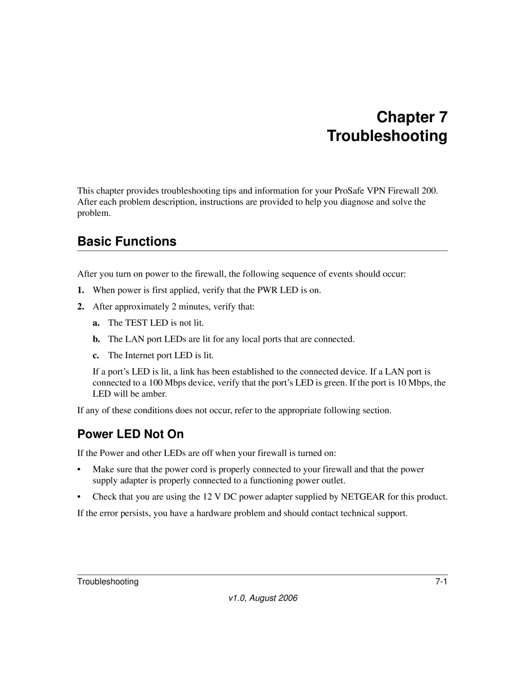 NETGEAR FVX538NA manual Basic Functions, Power LED Not On 