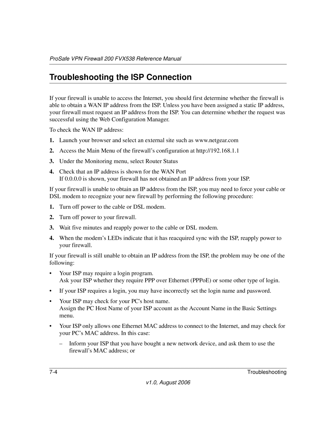 NETGEAR FVX538NA manual Troubleshooting the ISP Connection 