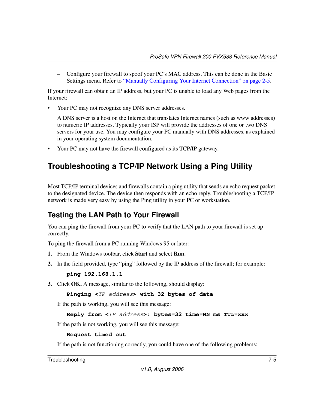 NETGEAR FVX538NA manual Troubleshooting a TCP/IP Network Using a Ping Utility, Testing the LAN Path to Your Firewall 