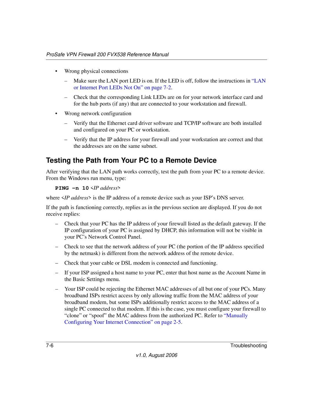 NETGEAR FVX538NA manual Testing the Path from Your PC to a Remote Device, Ping -n 10 IP address 