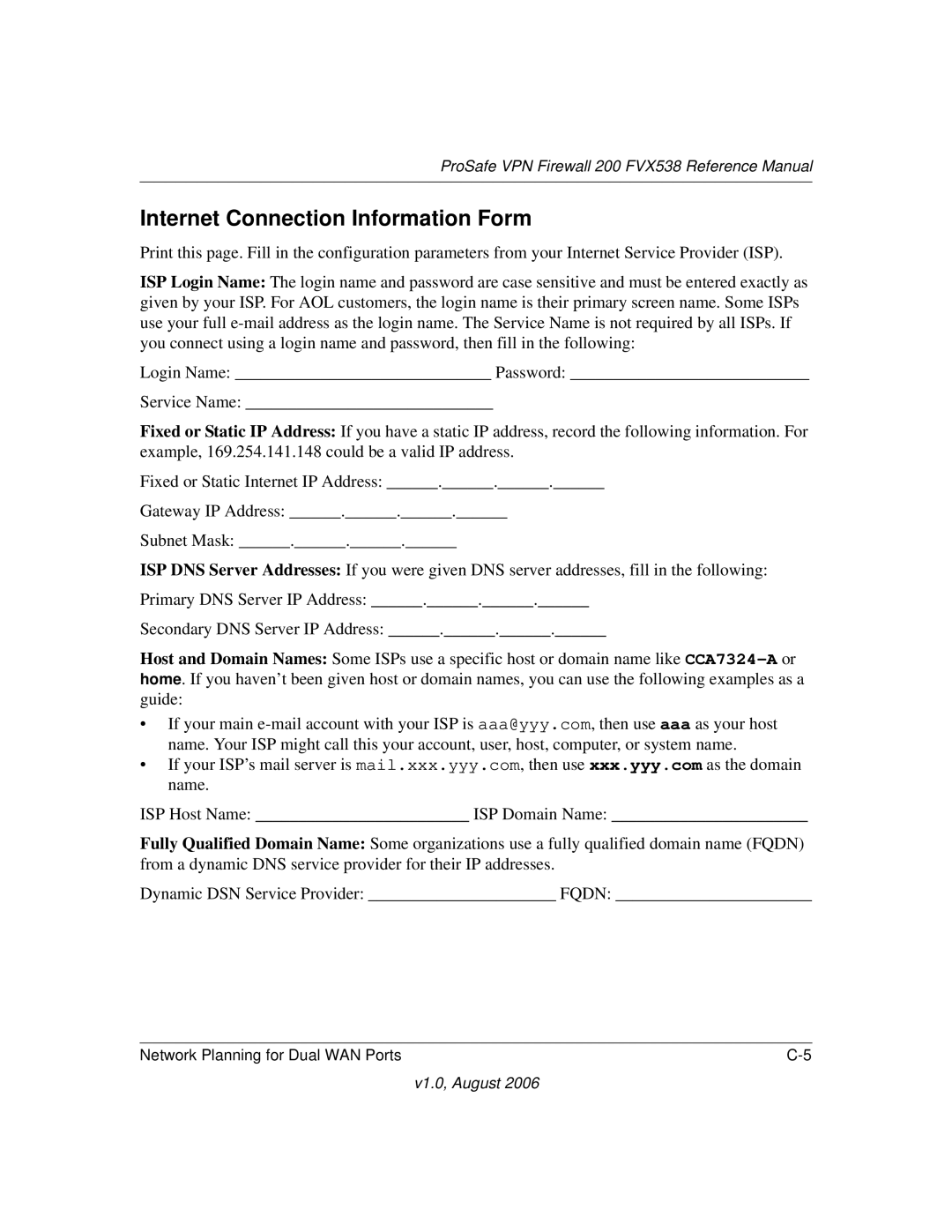 NETGEAR FVX538NA manual Internet Connection Information Form 