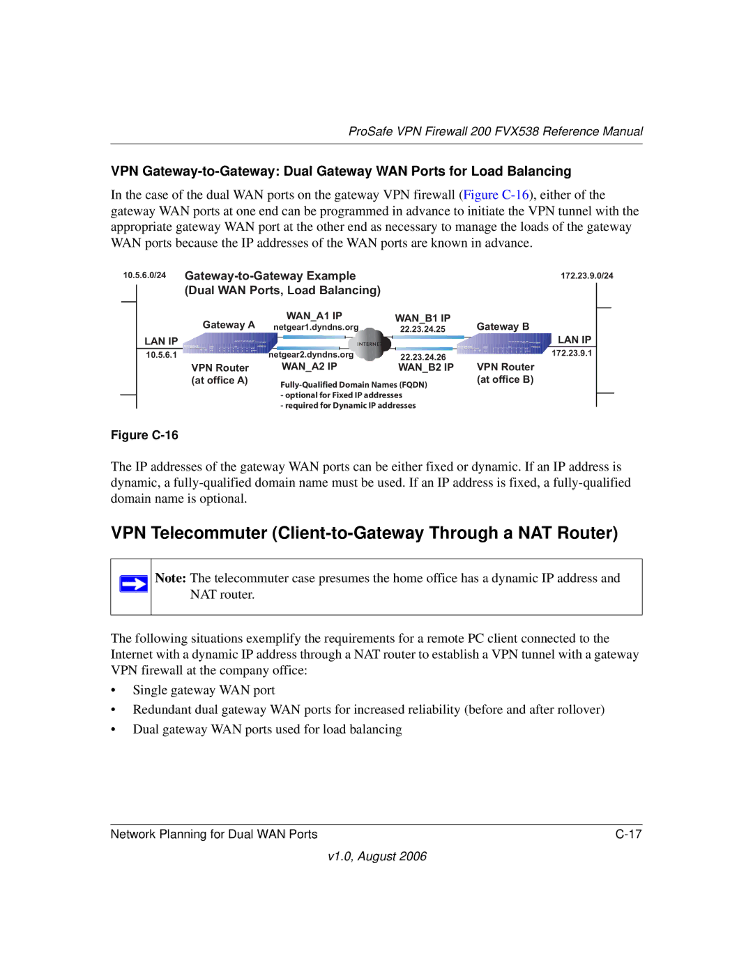 NETGEAR FVX538NA manual Gateway-to-Gateway Example Dual WAN Ports, Load Balancing 